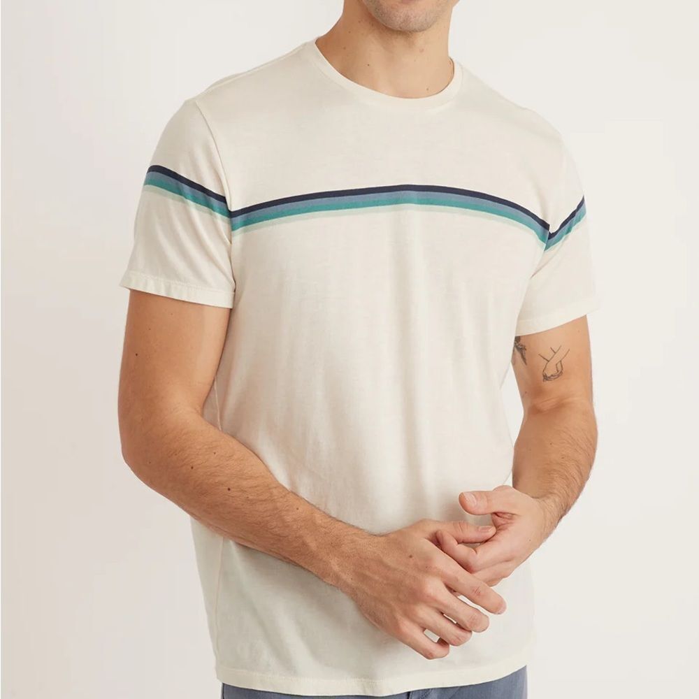 Marine layer Signature Crew Tee Natural Green Stripe M/L New With Tags